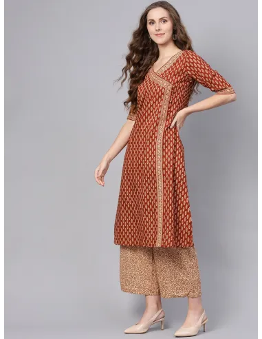 Maroon & Beige Printed Anghrakha Kurta with Palazzos & Dupatta - Indo Era