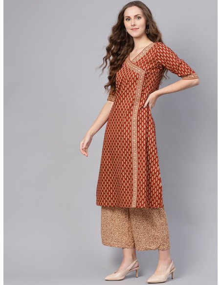Tunique Bordeaux & Beige avec Pantalon et Étole - Indo Era