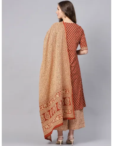 Maroon & Beige Printed Anghrakha Kurta with Palazzos & Dupatta - Indo Era