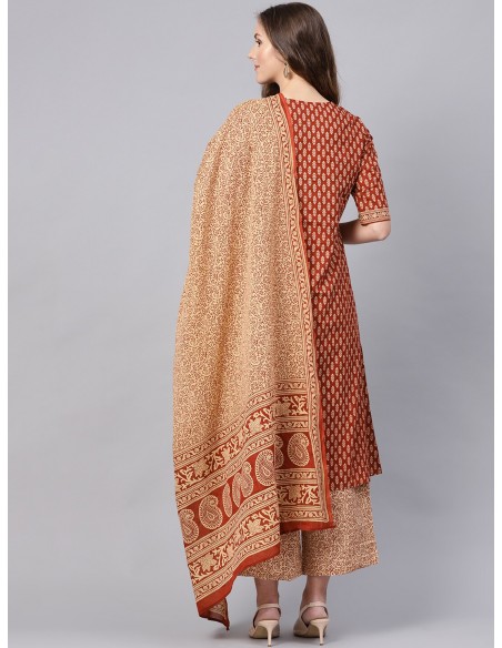 Tunique Bordeaux & Beige avec Pantalon et Étole - Indo Era