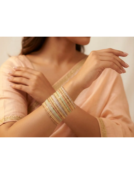 Parure de 22 Bracelets Indiens Pastel Givré et Métal Doré (T019)