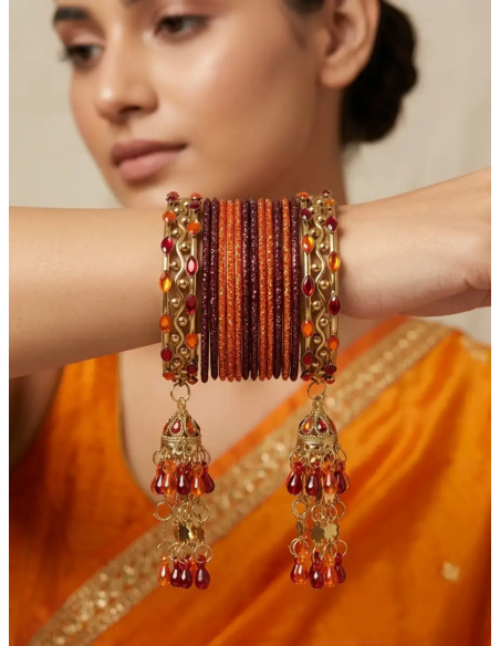 Dazzling Orange & Maroon Lakh Bangles with Tassels (T027)
