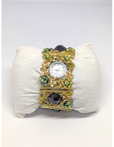 Vintage Floral Cuff Watch - Olive Green & Gold