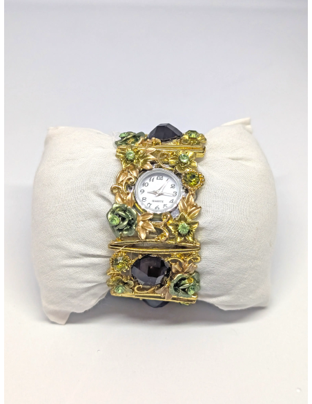 Montre Bracelet Manchette Florale Vintage - Vert Olive et Or