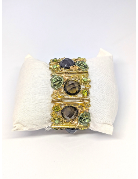 Montre Bracelet Manchette Florale Vintage - Vert Olive et Or