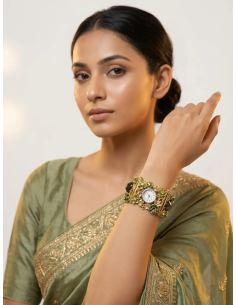 Vintage Floral Cuff Watch - Olive Green & Gold