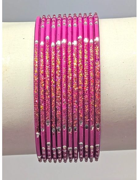 Pink Glitter Bangle Set with Silver Accents