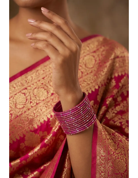 Pink Glitter Bangle Set with Silver Accents