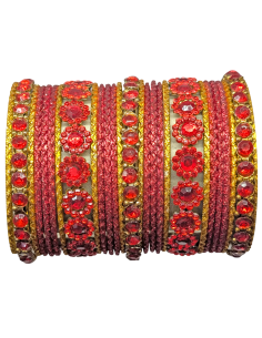 Bracelets Rouges et Dorés à Médaillons Floraux Strass (T015)