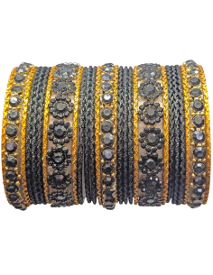 Black and Gold Bangles with Floral Rhinestone Medallions (T013)