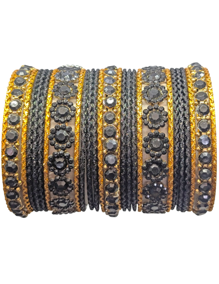 Black and Gold Bangles with Floral Rhinestone Medallions (T013)