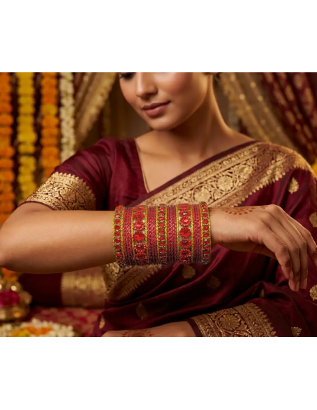 Bracelets Rouges et Dorés à Médaillons Floraux Strass (T015)