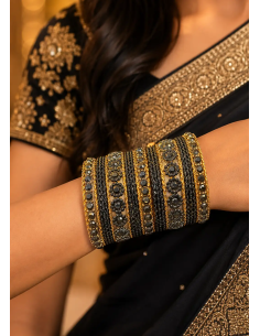 Bracelets Noirs et Dorés à Médaillons Floraux Strass (T013)