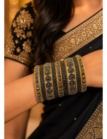 Bracelets Noirs et Dorés à Médaillons Floraux Strass (T013)