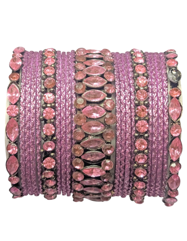 Parure de 21 Bracelets Indiens en Métal Rose Sertis de Strass (T024)