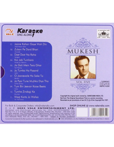 Karaoke Sing Along - Mukesh Vol. 5 (CD) (2005) (Bollywood)