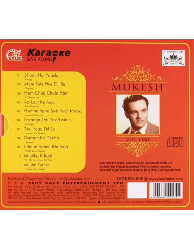 Karaoke Sing Along - Mukesh Vol. 1 (CD) (2005) (Bollywood)