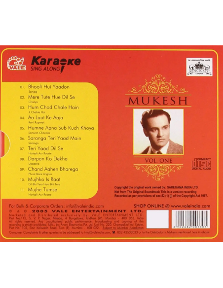 Karaoke Sing Along - Mukesh Vol. 1 (CD) (2005) (Bollywood)