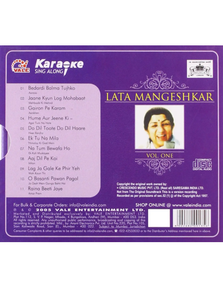 Karaoke Sing Along - Lata Mangeshkar Vol. 1 (CD) (2005) (Bollywood)