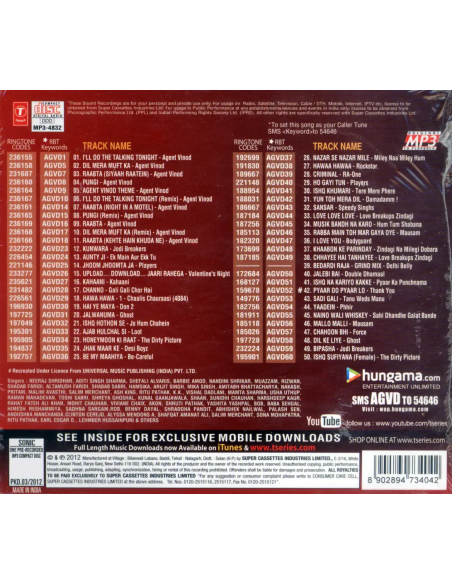Agent Vinod & Other Hits (CD) (MP3) (2012) (Bollywood) (T-Series)