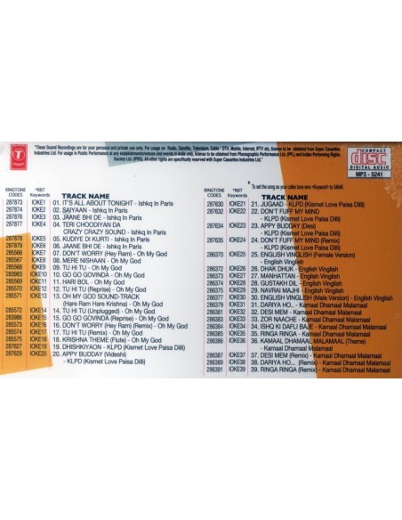 Ishq in Paris & Other Hits (CD) (MP3) (2012) (Bollywood) (T-Series)
